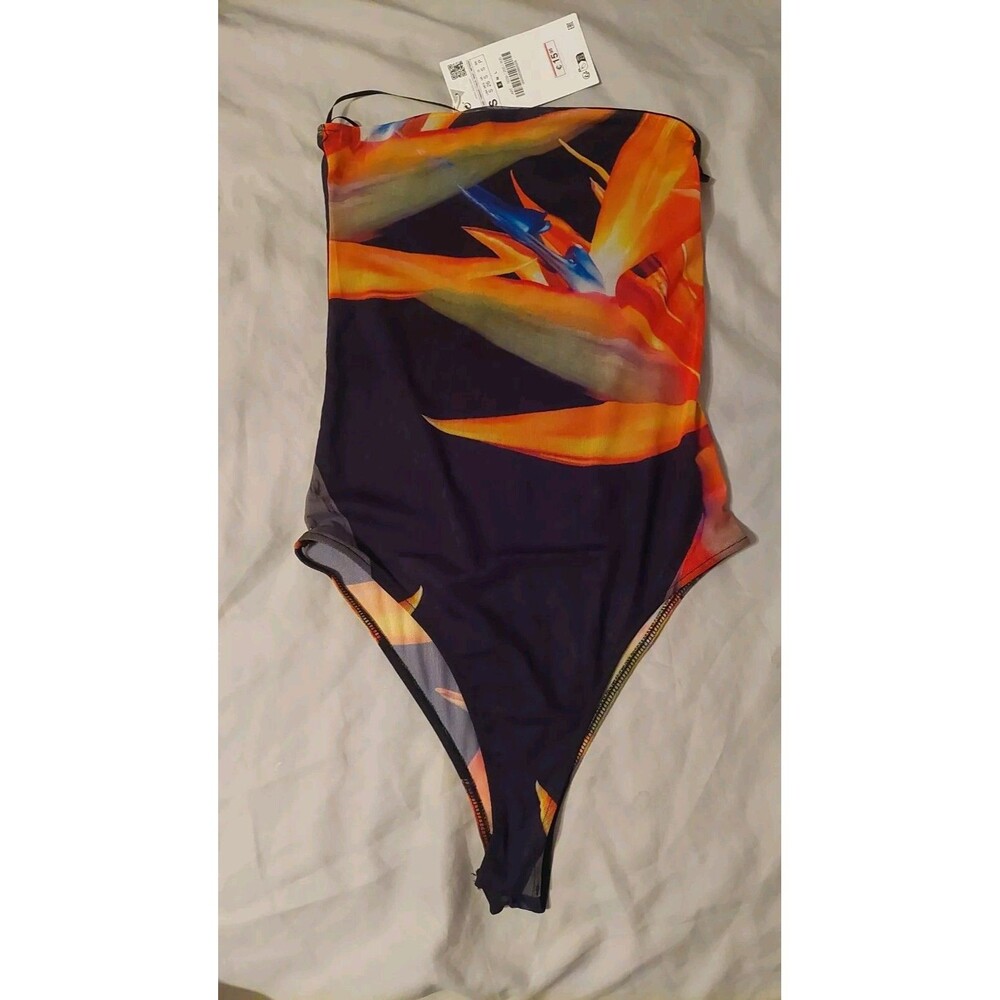 New Zara Black Strapless Mesh Printed Thong Bodysuit Tube Top Flowers Sz S